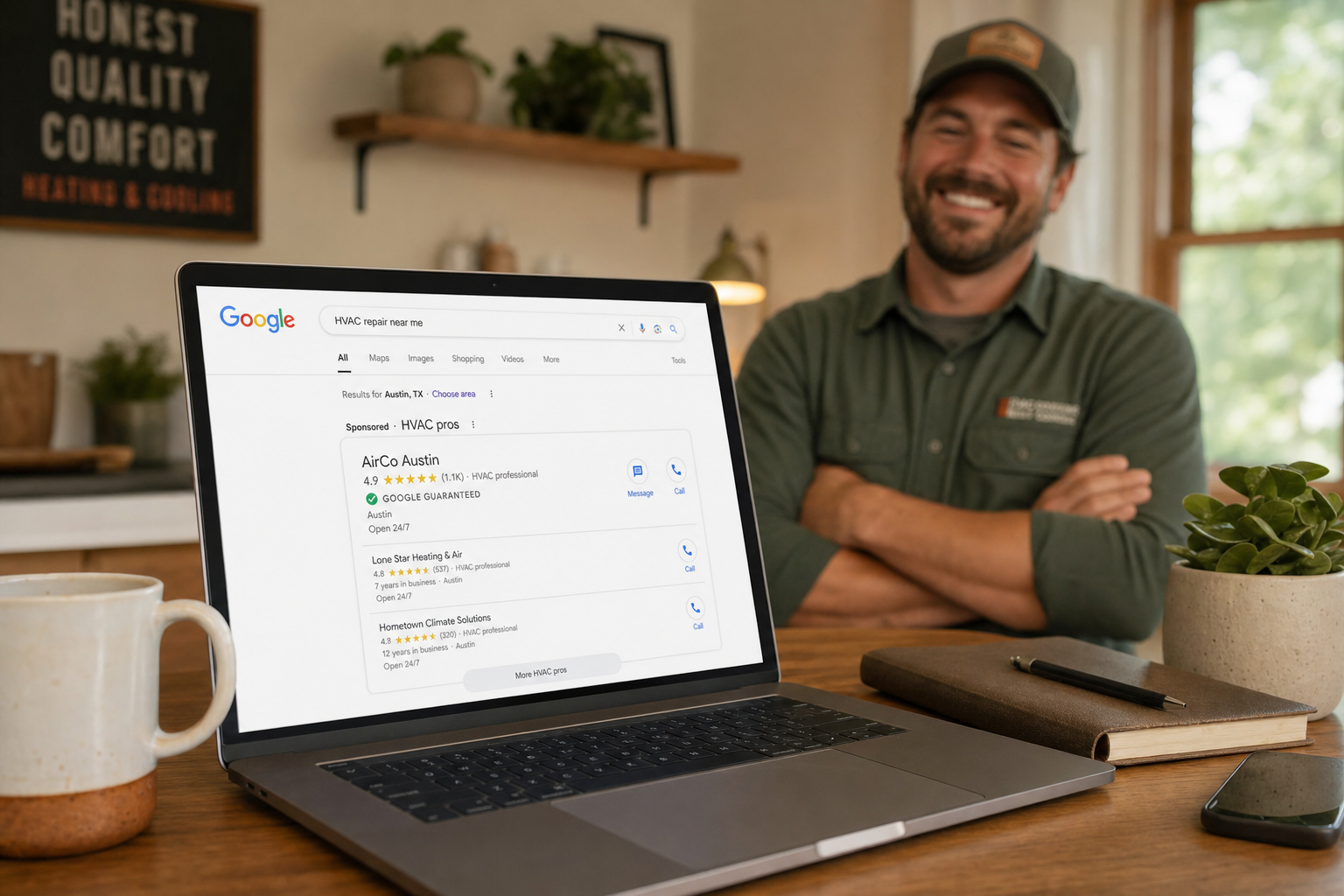 HVAC business owner smiling behind a laptop showing Google Local Services results