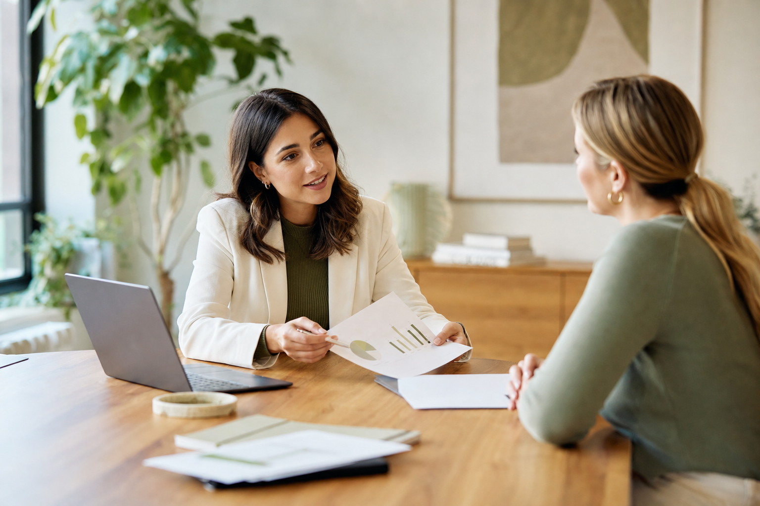 Consultant reviewing a marketing report with a small business owner